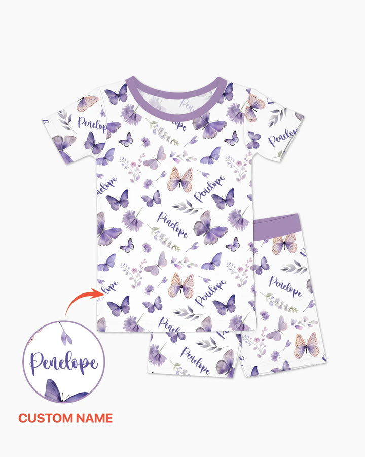 Custom Name Lilac Bloom Bamboo Two Piece Short Sleeve Shorts Pajama Set
