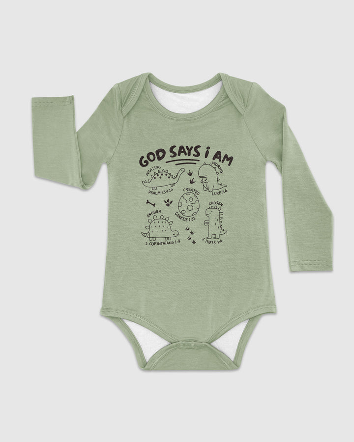 God say i am Dinosaur Bamboo Bodysuit