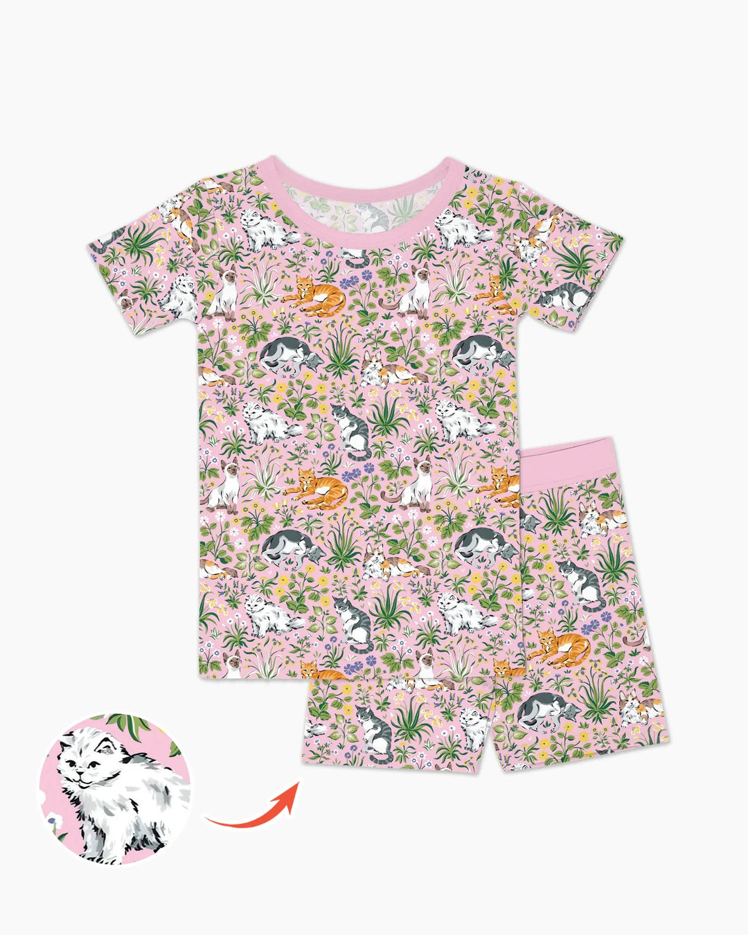 Pijama de dos piezas de bambú de manga corta y pantalón corto a juego para la familia de Kitten Garden