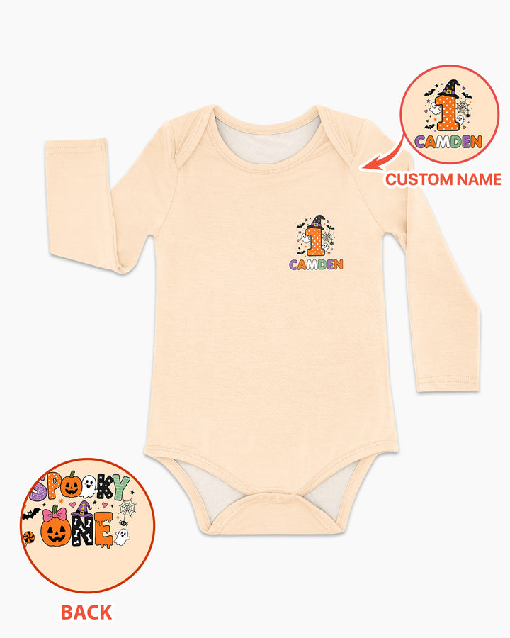 Personalized Name 1st Halloween Pumpkin Ghost Spooky One Birthday Bamboo Bodysuit