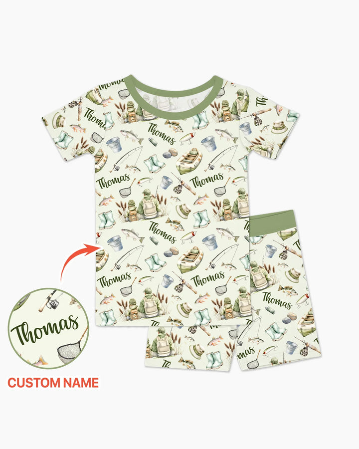 Custom Name Fishing Day Daddy & Me Matching Bamboo Two Piece Short Sleeve Shorts Pajama Set