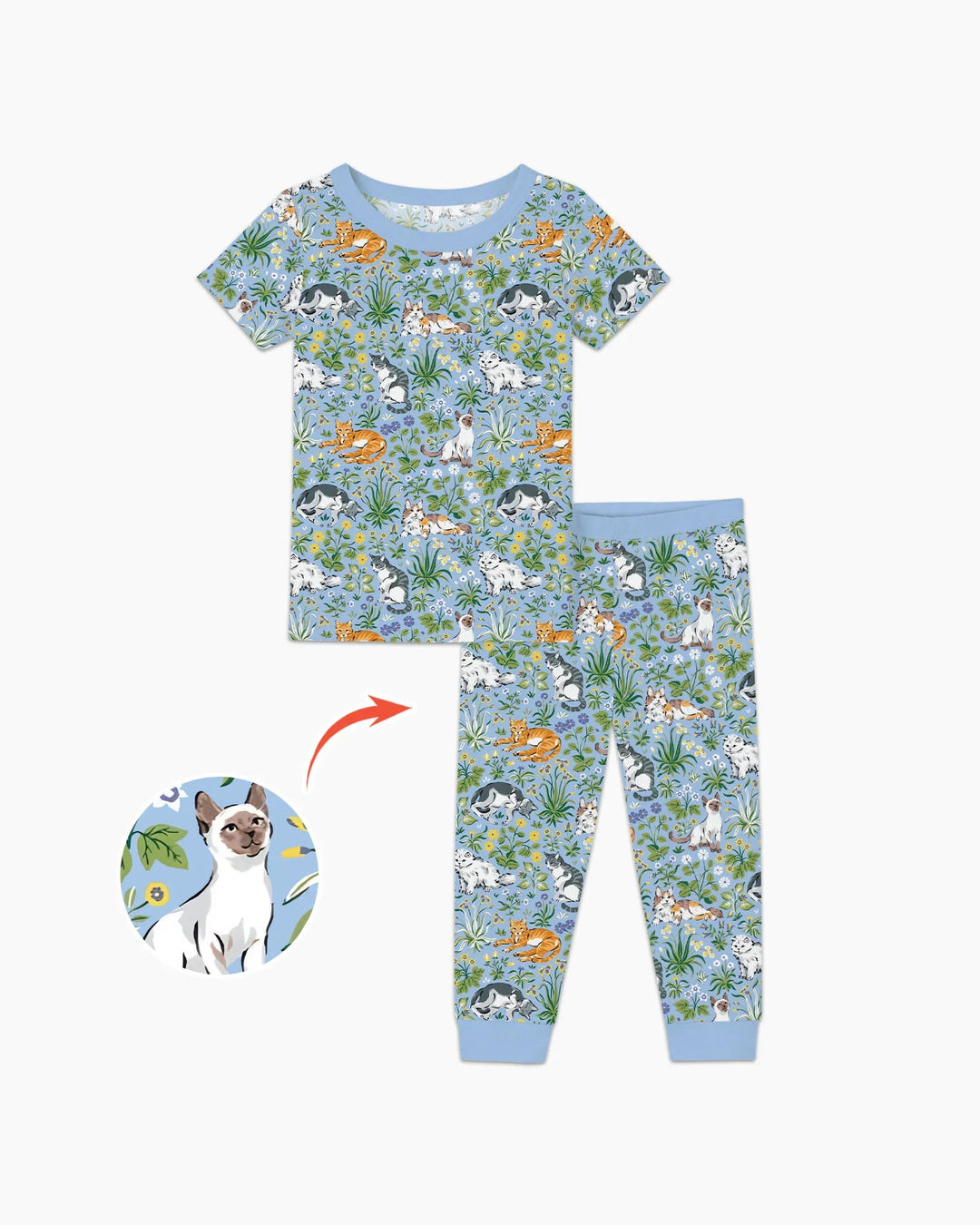Conjunto de pijama de dos piezas de bambú de manga corta a juego para la familia Kitten Garden