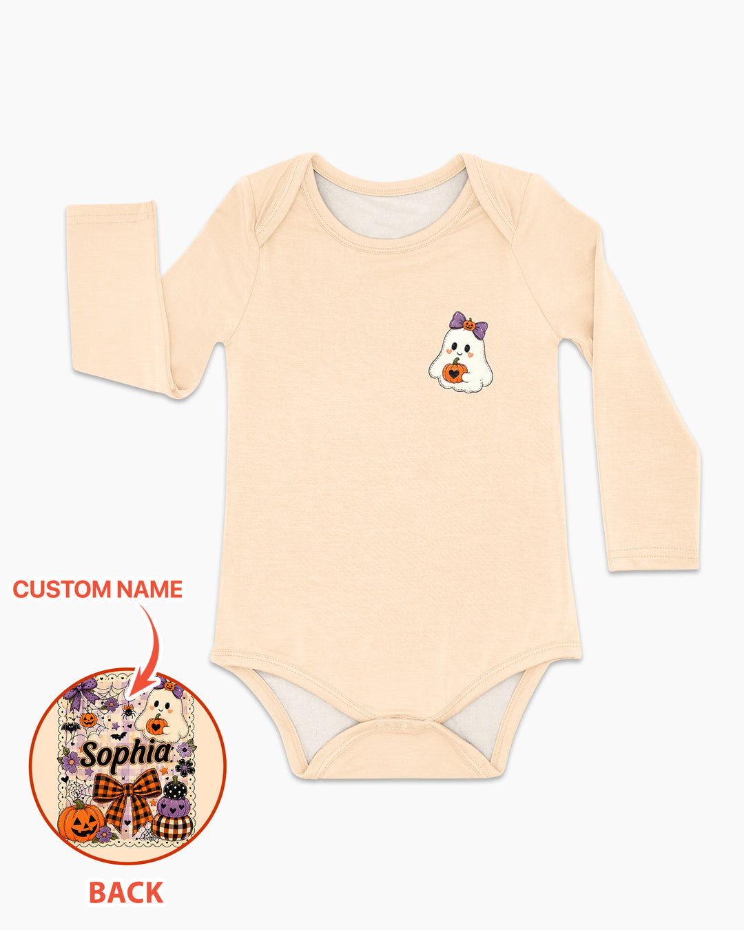 Custom Name Cute Ghost Pumpkin Spooky Season Bamboo Bodysuit
