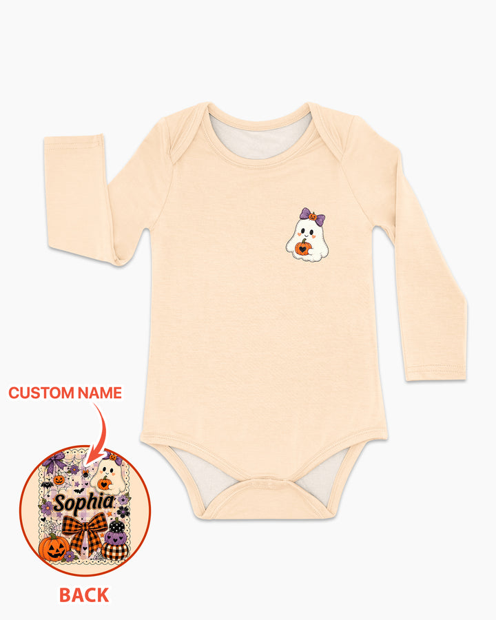 Custom Name Cute Ghost Pumpkin Spooky Season Bamboo Bodysuit