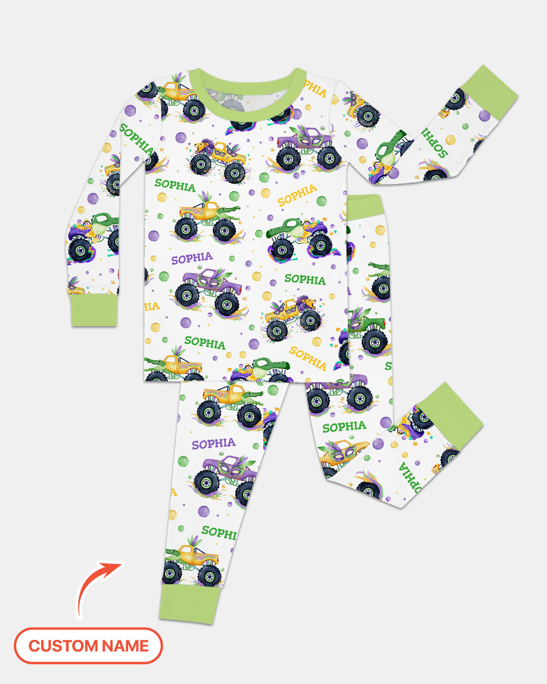 Custom Name Mardi Gras Monster Trucks Two Piece Long Sleeve Pajama Set