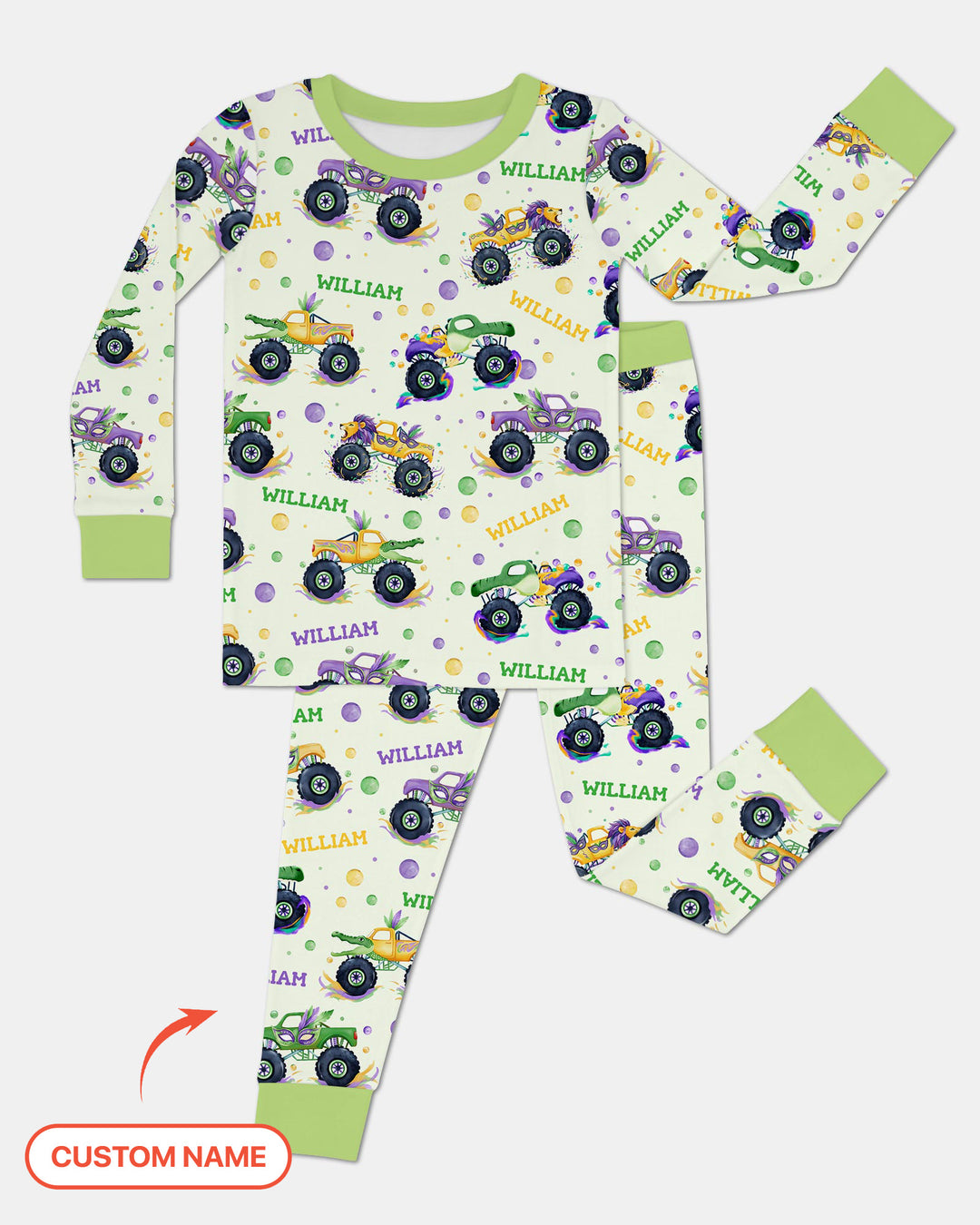 Custom Name Mardi Gras Monster Trucks Two Piece Long Sleeve Pajama Set