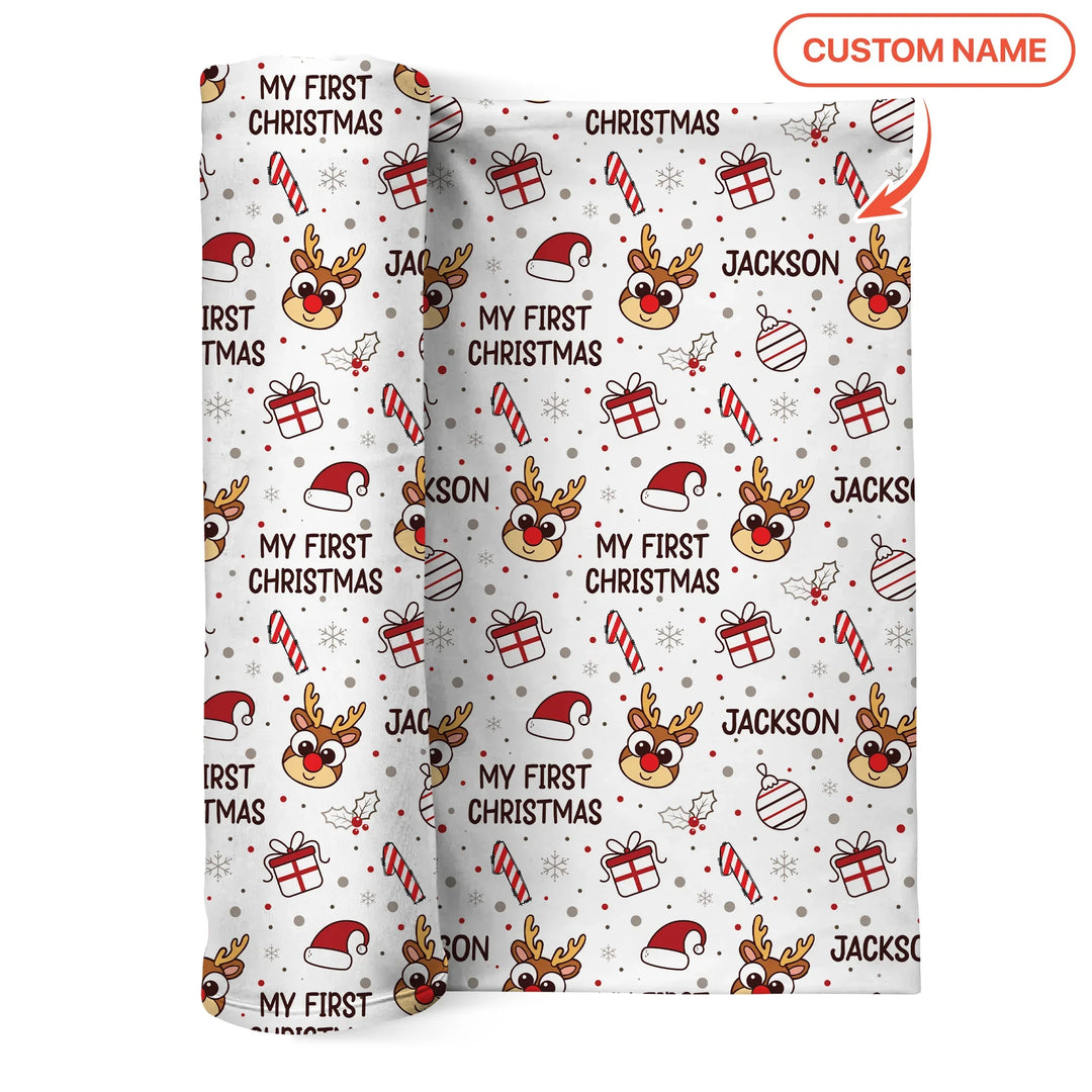 Custom Name Reindeer Doodle My First Christmas Swaddle Blanket