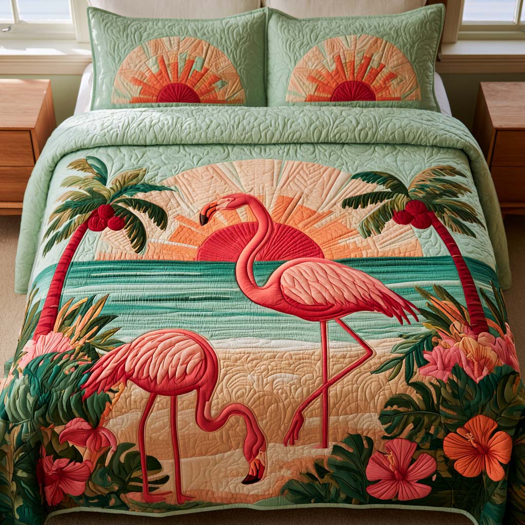 Tropical Flamingo Haven Bamboo Quilt Bedding Set