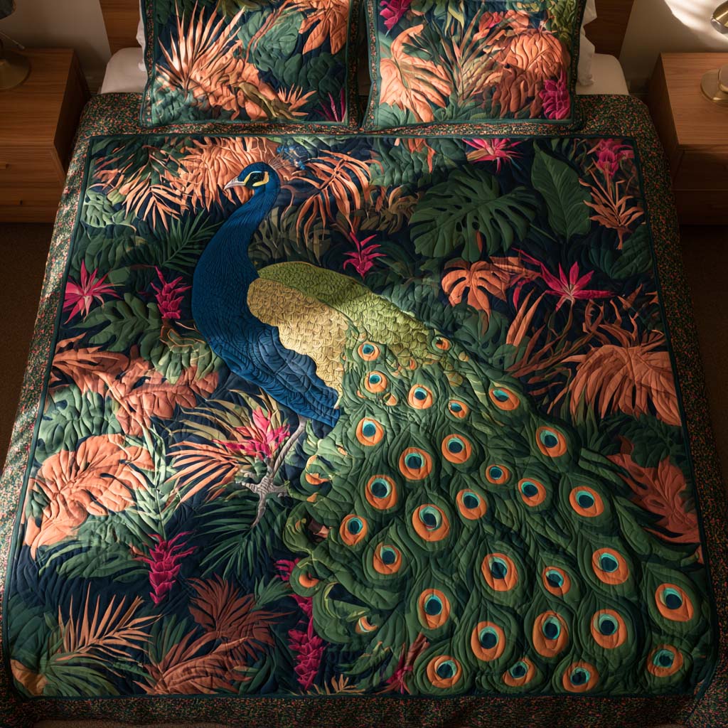Tropical Jungle Peacock Bamboo Quilt Bedding Set
