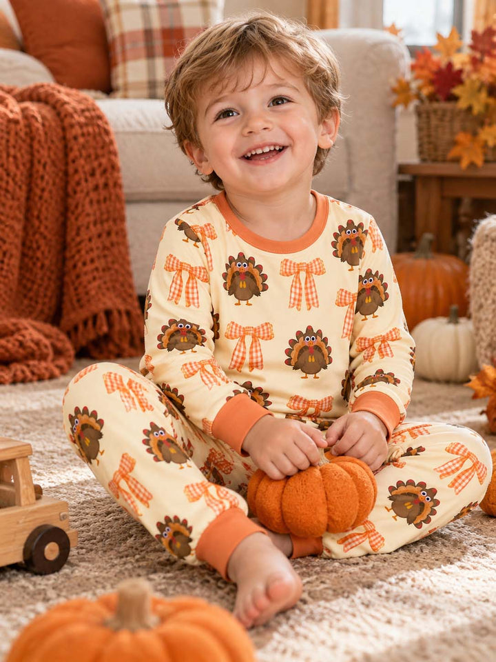 Turkey Bow Thanksgiving Bamboo Two Piece Long Sleeve Pajama Set