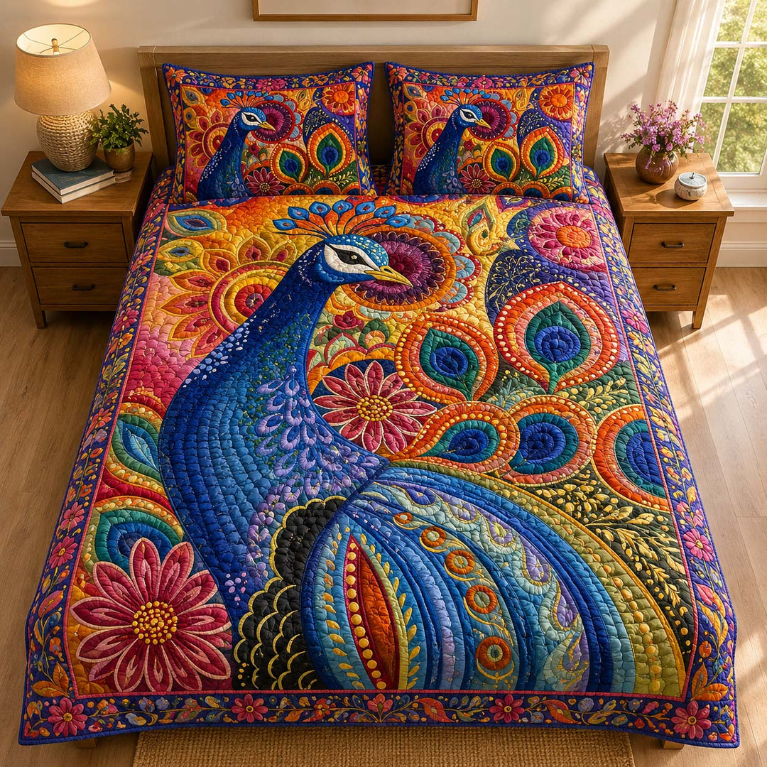 Vibrant Folk Art Peacock Bamboo Quilt Bedding Set