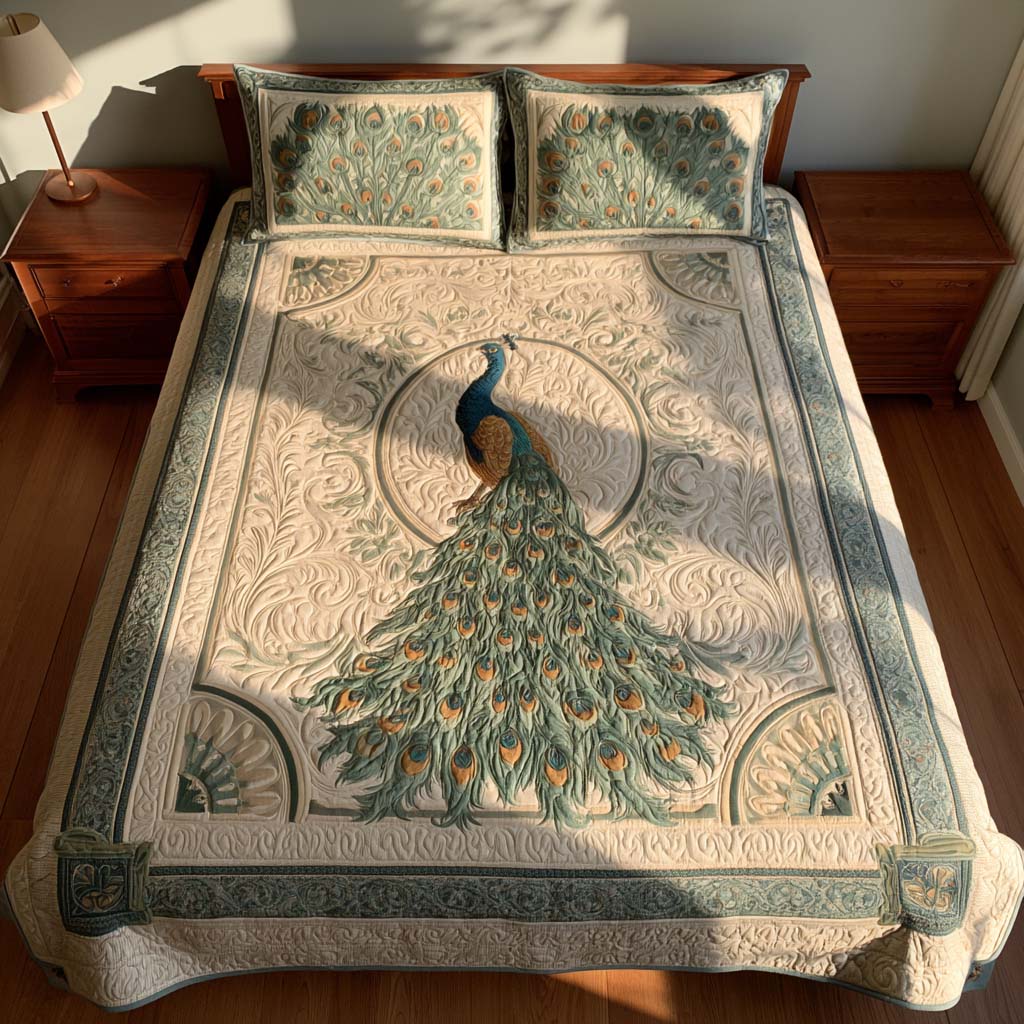 Vintage Ivory Peacock Elegance Bamboo Quilt Bedding Set