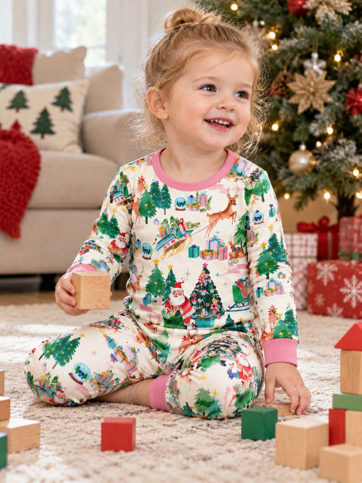 Vintage Santa Deer Christmas Bamboo Two Piece Long Sleeve Pajama Set