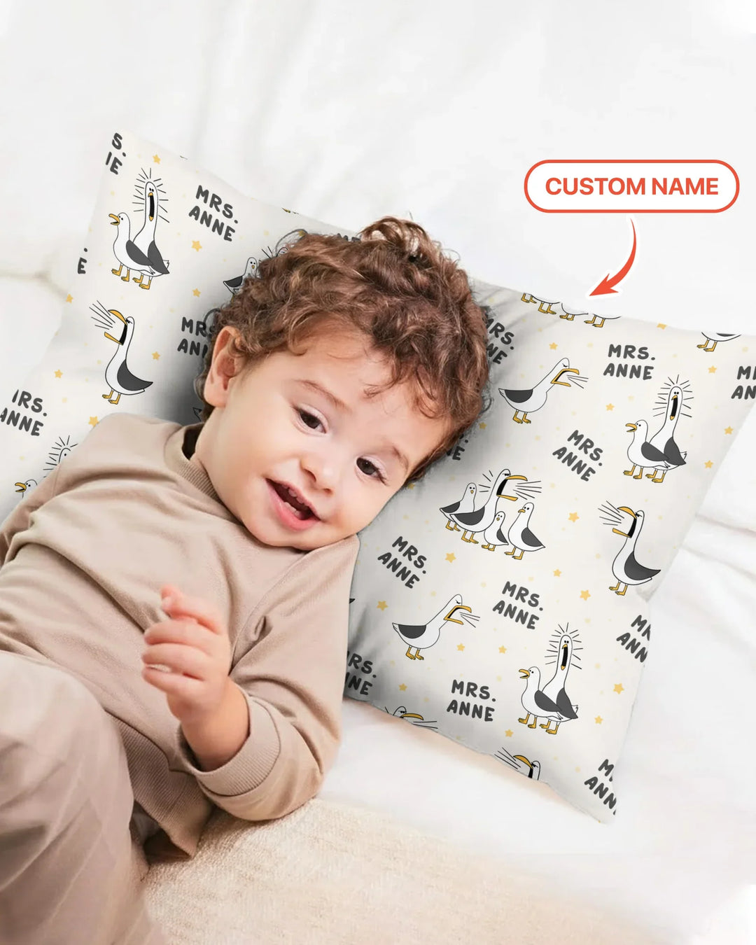 Funda de almohada de bambú con divertidas gaviotas personalizadas para profesores