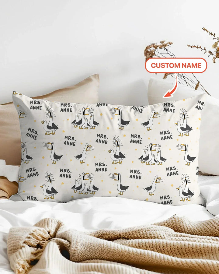 Funda de almohada de bambú con divertidas gaviotas personalizadas para profesores