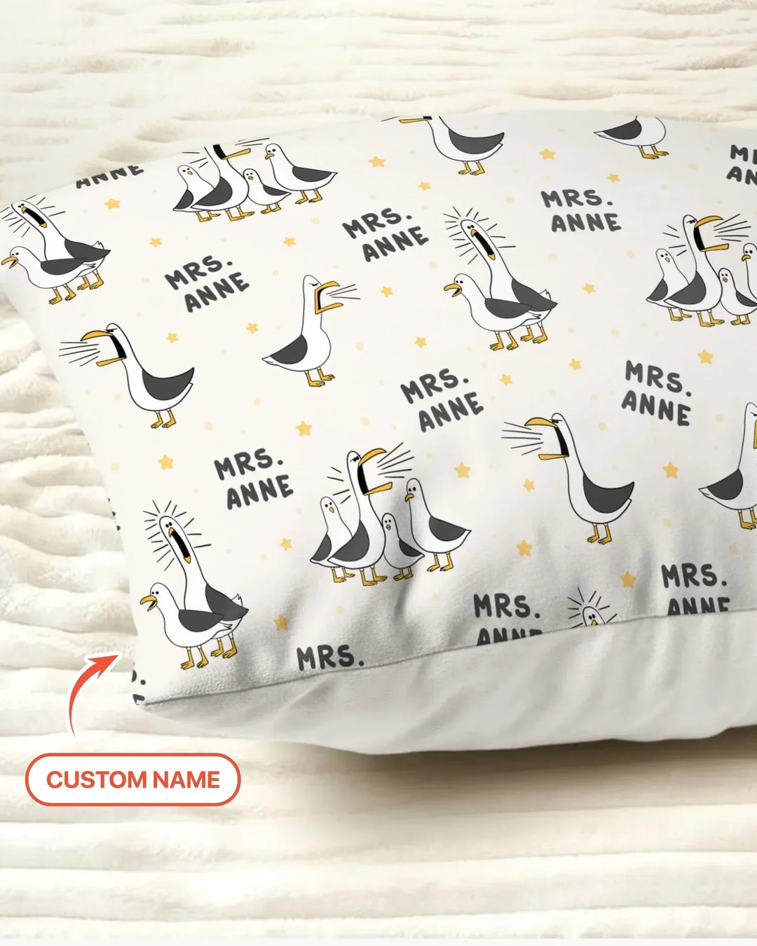 Funda de almohada de bambú con divertidas gaviotas personalizadas para profesores