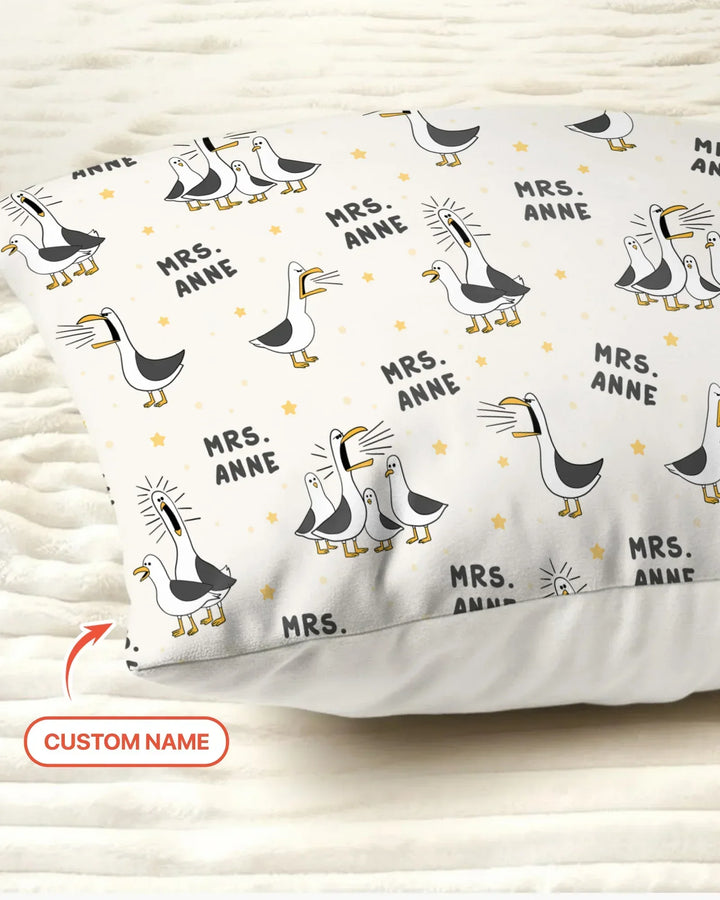 Funda de almohada de bambú con divertidas gaviotas personalizadas para profesores