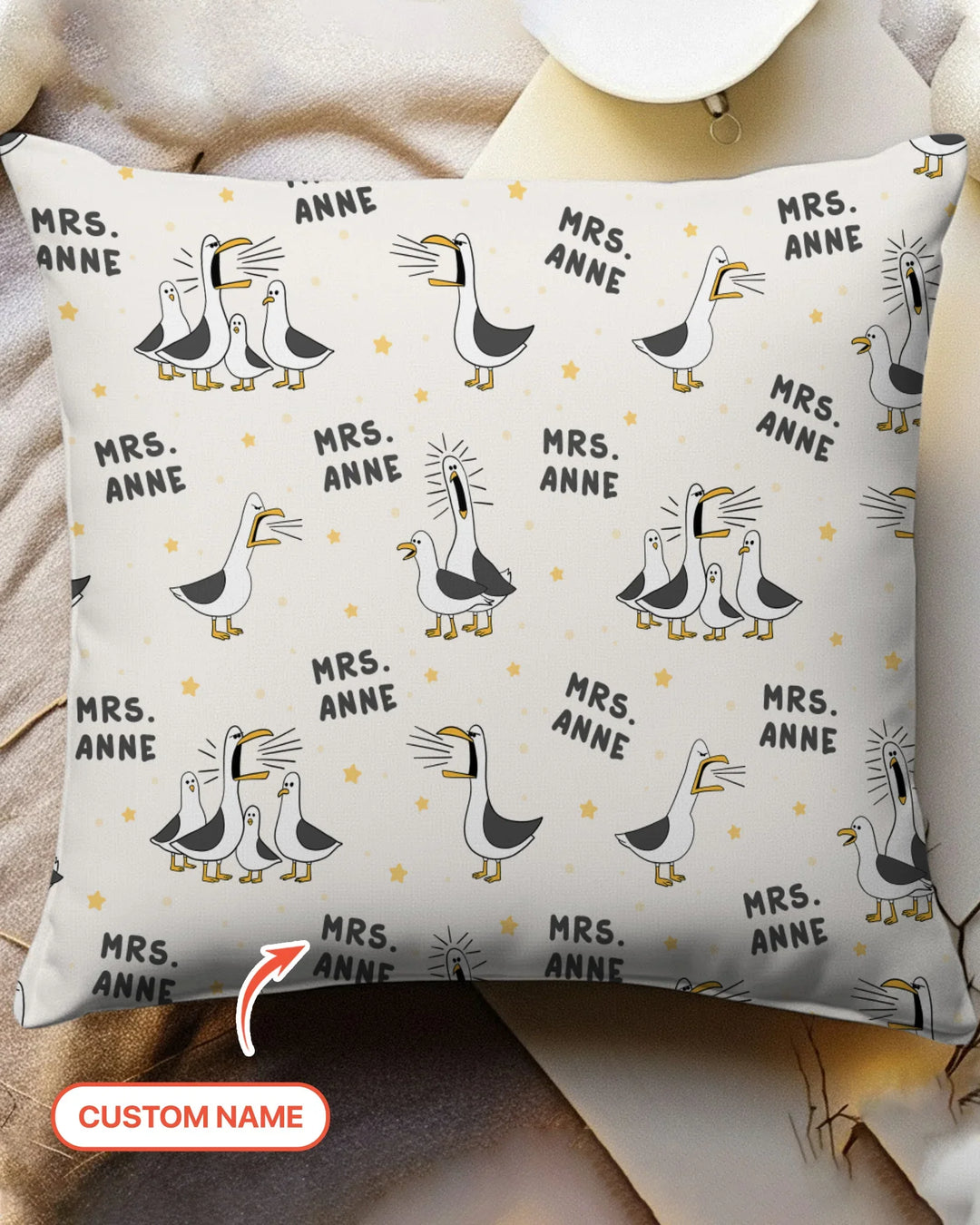 Funda de almohada de bambú con divertidas gaviotas personalizadas para profesores