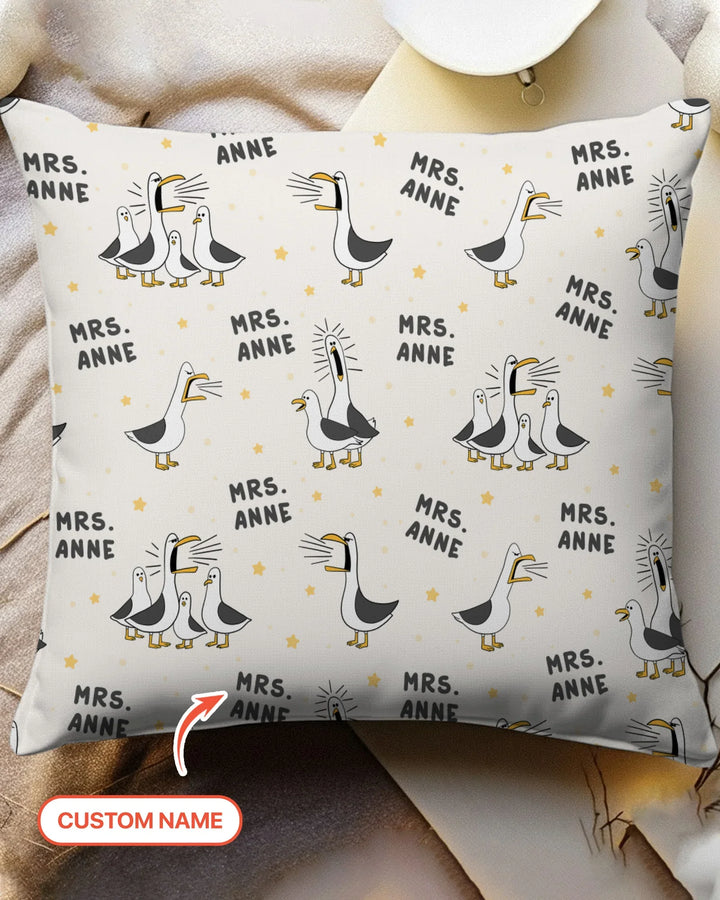 Funda de almohada de bambú con divertidas gaviotas personalizadas para profesores