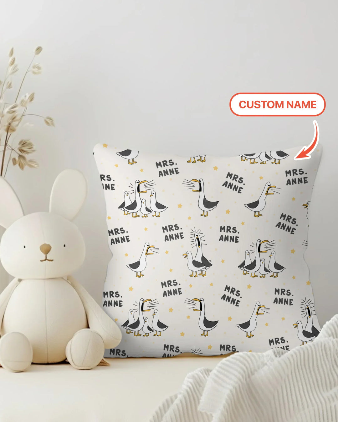 Funda de almohada de bambú con divertidas gaviotas personalizadas para profesores