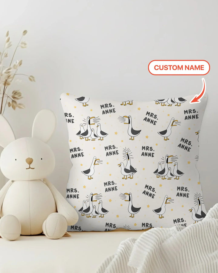 Funda de almohada de bambú con divertidas gaviotas personalizadas para profesores