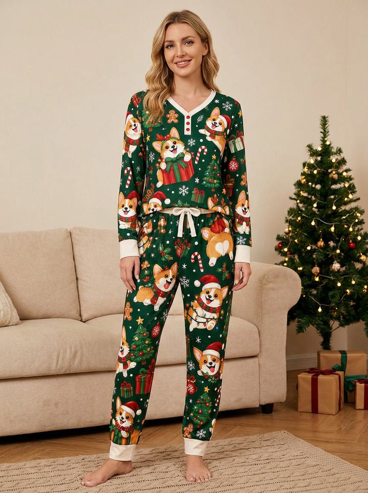 Xmas Corgi Chaos Bamboo Women Pajama Set