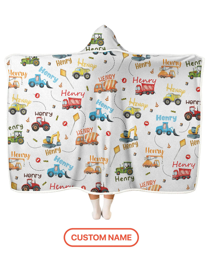 Construction Vehicles Custom Name Wearable Hooded Blanket