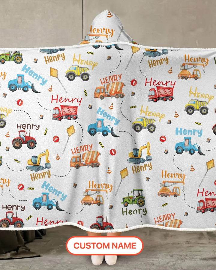 Construction Vehicles Custom Name Wearable Hooded Blanket