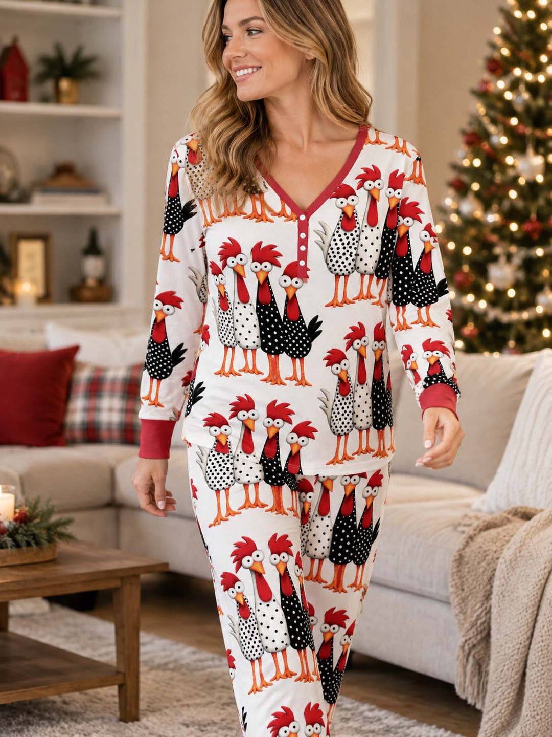 Whimsical Folk Chickens Bamboo Women Pajama Set