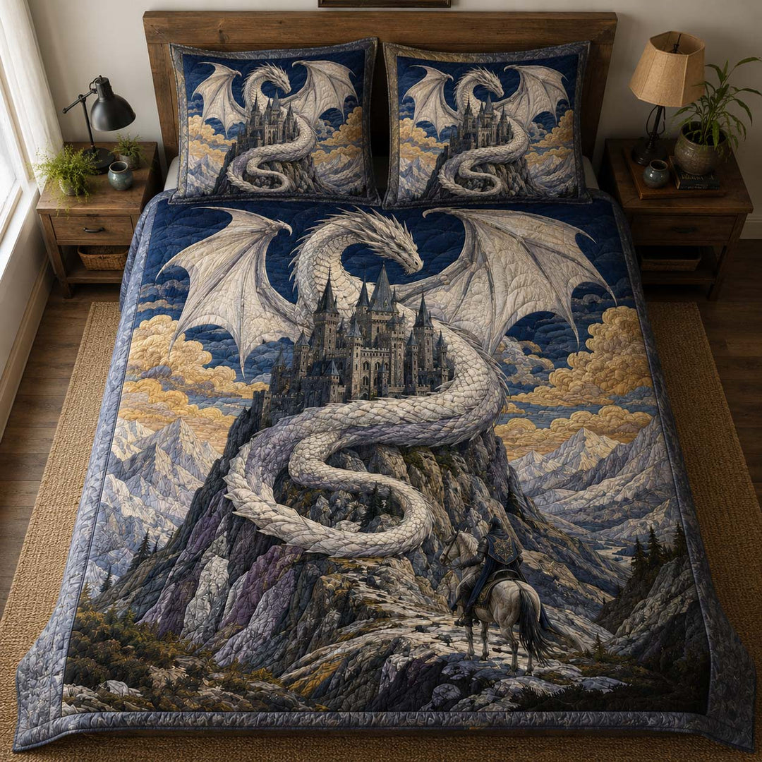 White Dragon Castle Guardian Bamboo Quilt Bedding Set