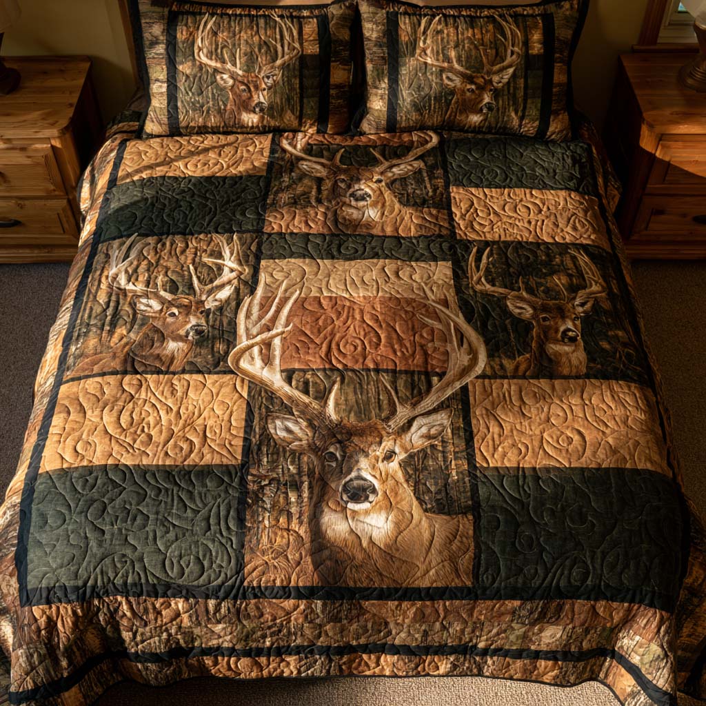 Whitetail Buck Forest Patchwork Bamboo Quilt Bedding Set