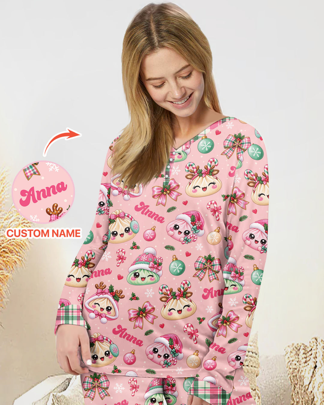 Custom Name Kawaii Christmas Dumpling Bamboo Women Pajama Set