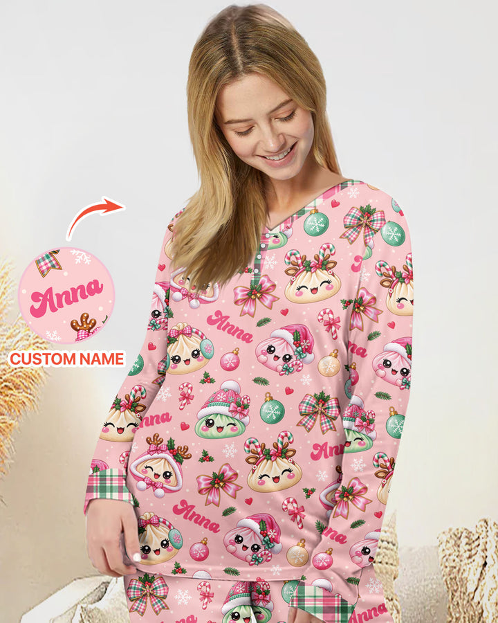 Custom Name Kawaii Christmas Dumpling Bamboo Women Pajama Set