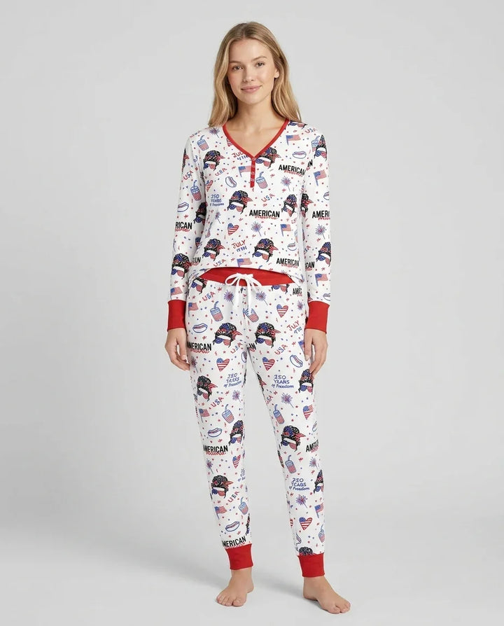 Doodle American Flag Glasses Family Matching Bamboo Women Pajama Set