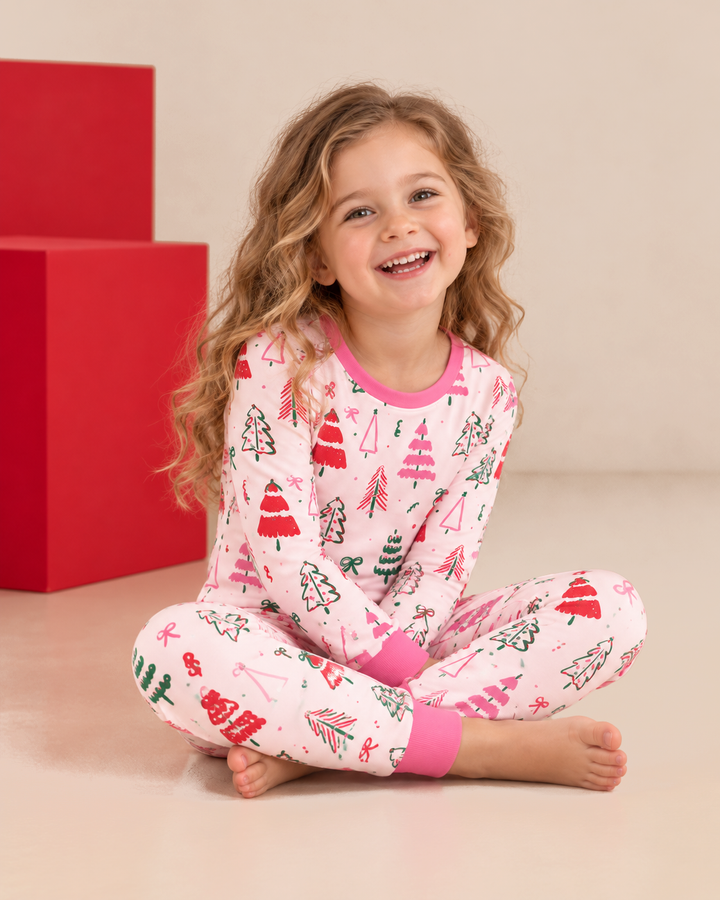 Pink Christmas Tree Farm Bamboo Two Piece Long Sleeve Pajama Set