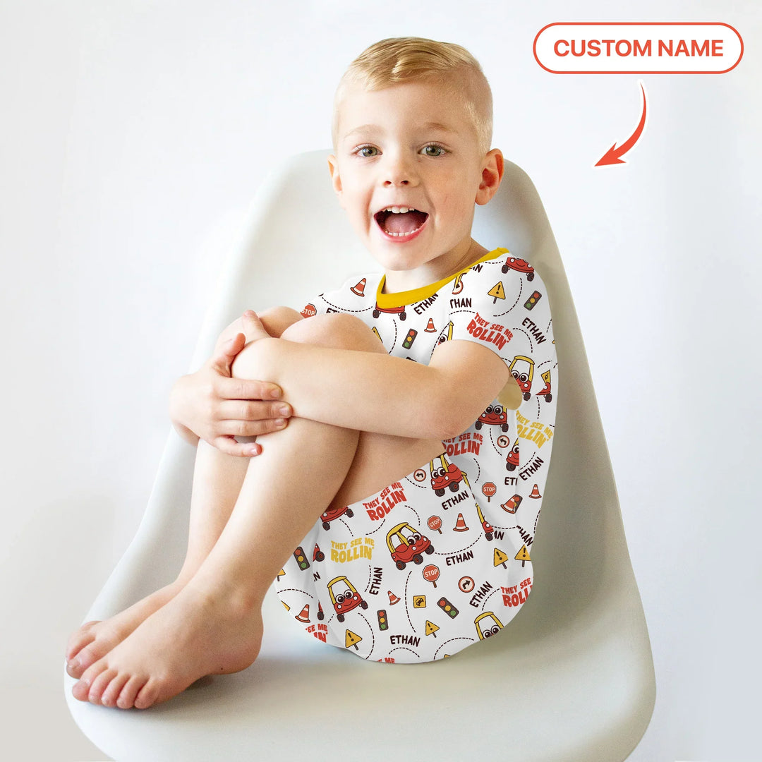 Custom Name They See Me Roliin' Two Piece Short Sleeve Shorts Pajama Set , Custom Name They See Me Roliin' Two Piece Short Sleeve Shorts Pajama Set - 12-18M