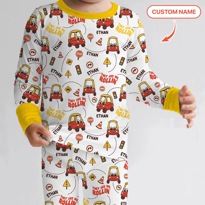 Custom Name They See Me Roliin' Two Piece Long Sleeve Pajama Set , Custom Name They See Me Roliin' Two Piece Long Sleeve Pajama Set - 12-18M