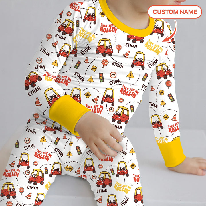 Custom Name They See Me Roliin' Two Piece Long Sleeve Pajama Set , Custom Name They See Me Roliin' Two Piece Long Sleeve Pajama Set - 12-18M