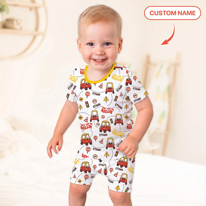 Custom Name They See Me Roliin' Two Piece Short Sleeve Shorts Pajama Set , Custom Name They See Me Roliin' Two Piece Short Sleeve Shorts Pajama Set - 12-18M