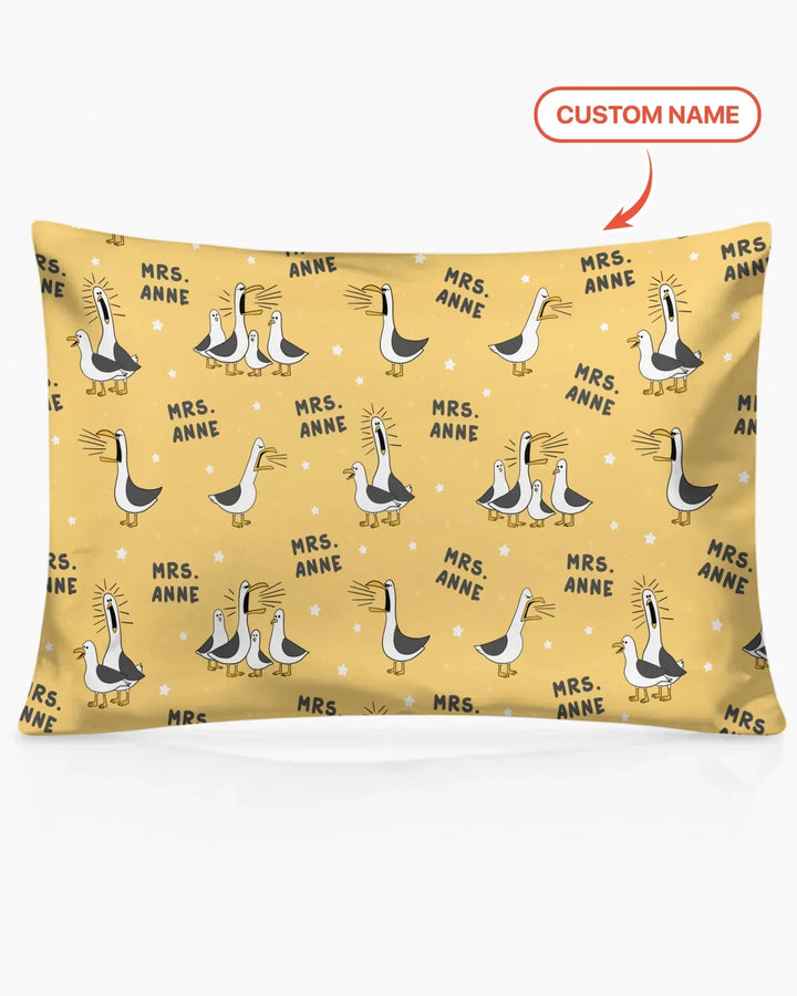 Funda de almohada de bambú con divertidas gaviotas personalizadas para profesores