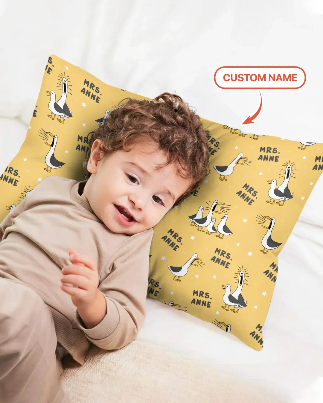 Funda de almohada de bambú con divertidas gaviotas personalizadas para profesores