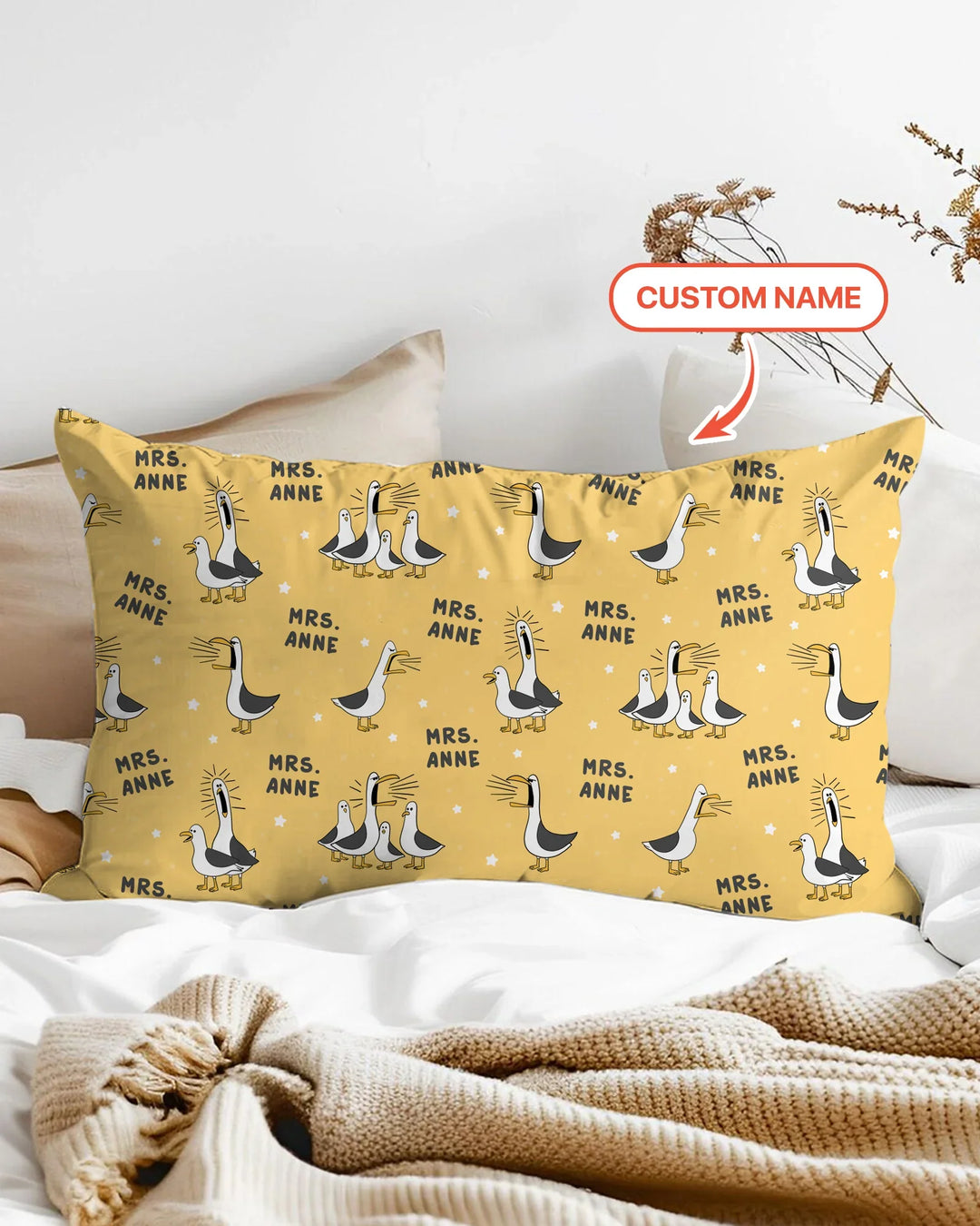 Funda de almohada de bambú con divertidas gaviotas personalizadas para profesores