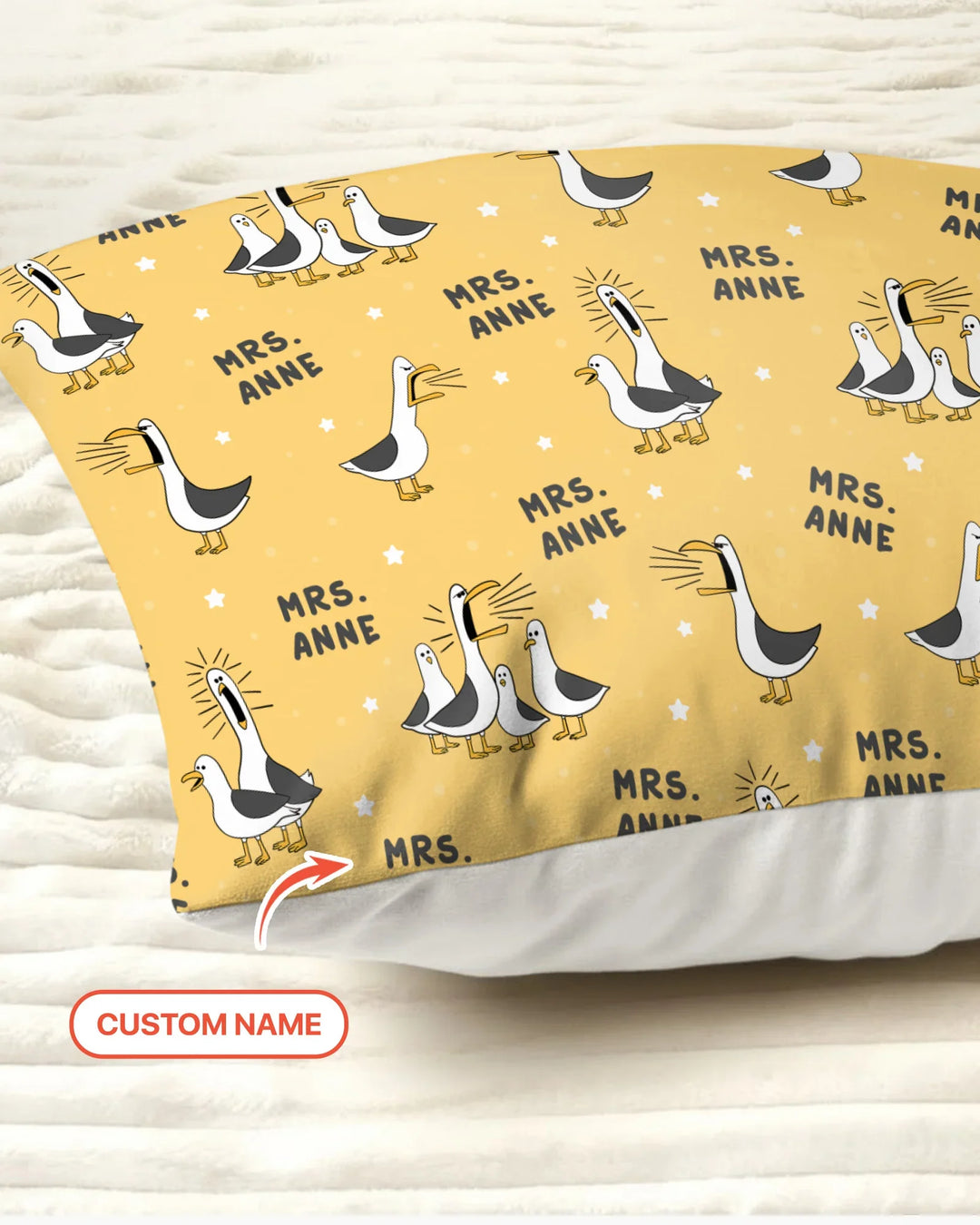 Funda de almohada de bambú con divertidas gaviotas personalizadas para profesores