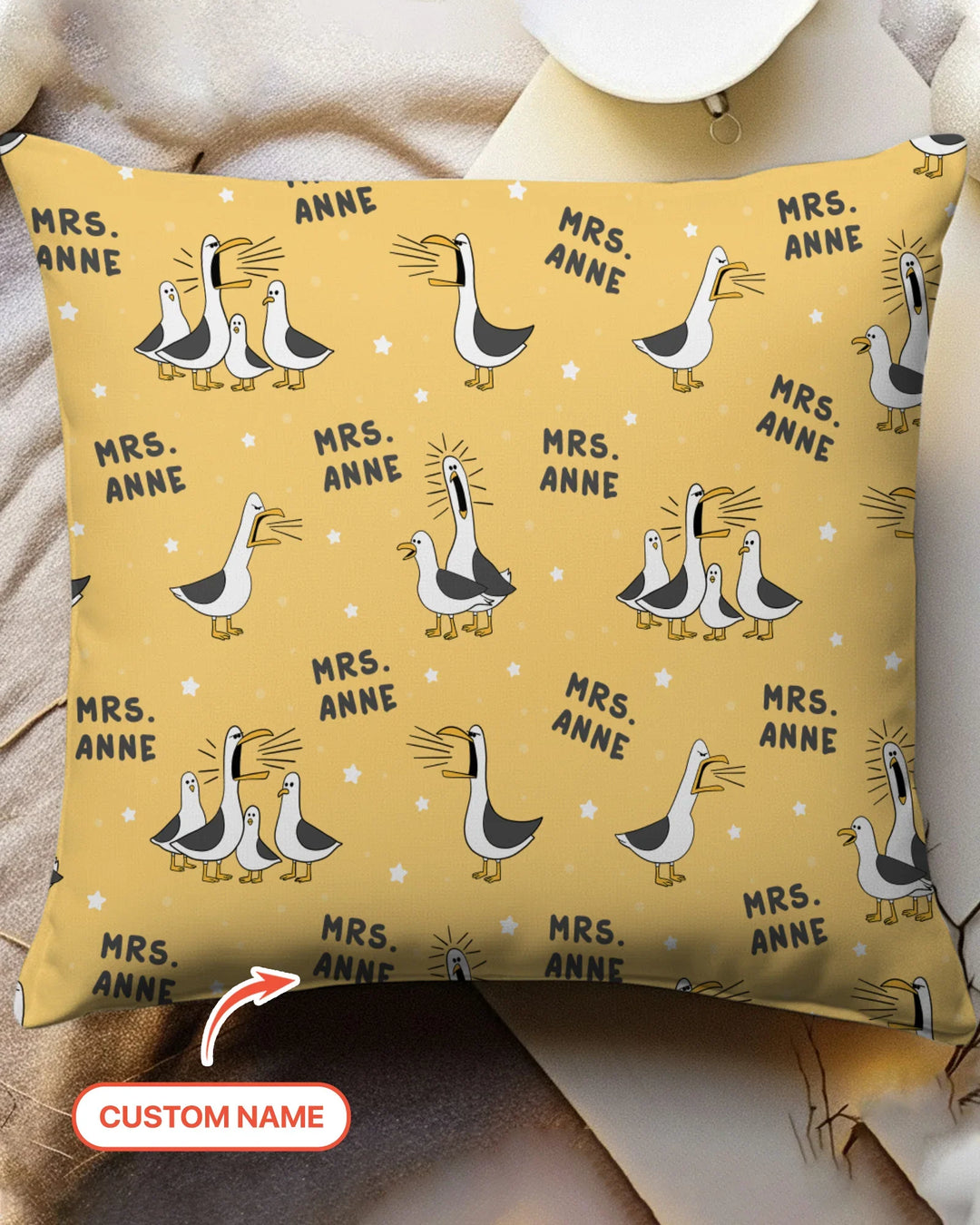 Funda de almohada de bambú con divertidas gaviotas personalizadas para profesores