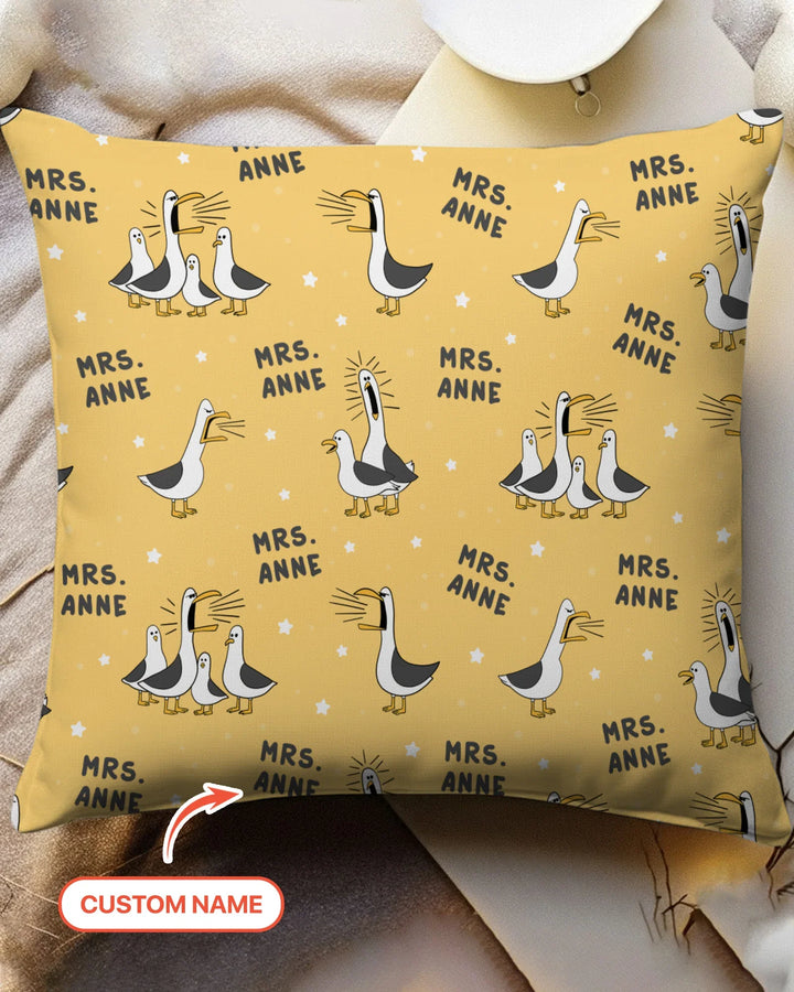 Funda de almohada de bambú con divertidas gaviotas personalizadas para profesores