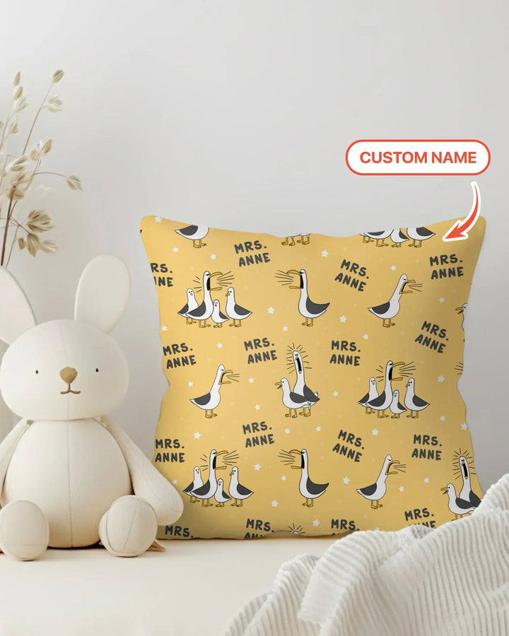 Funda de almohada de bambú con divertidas gaviotas personalizadas para profesores