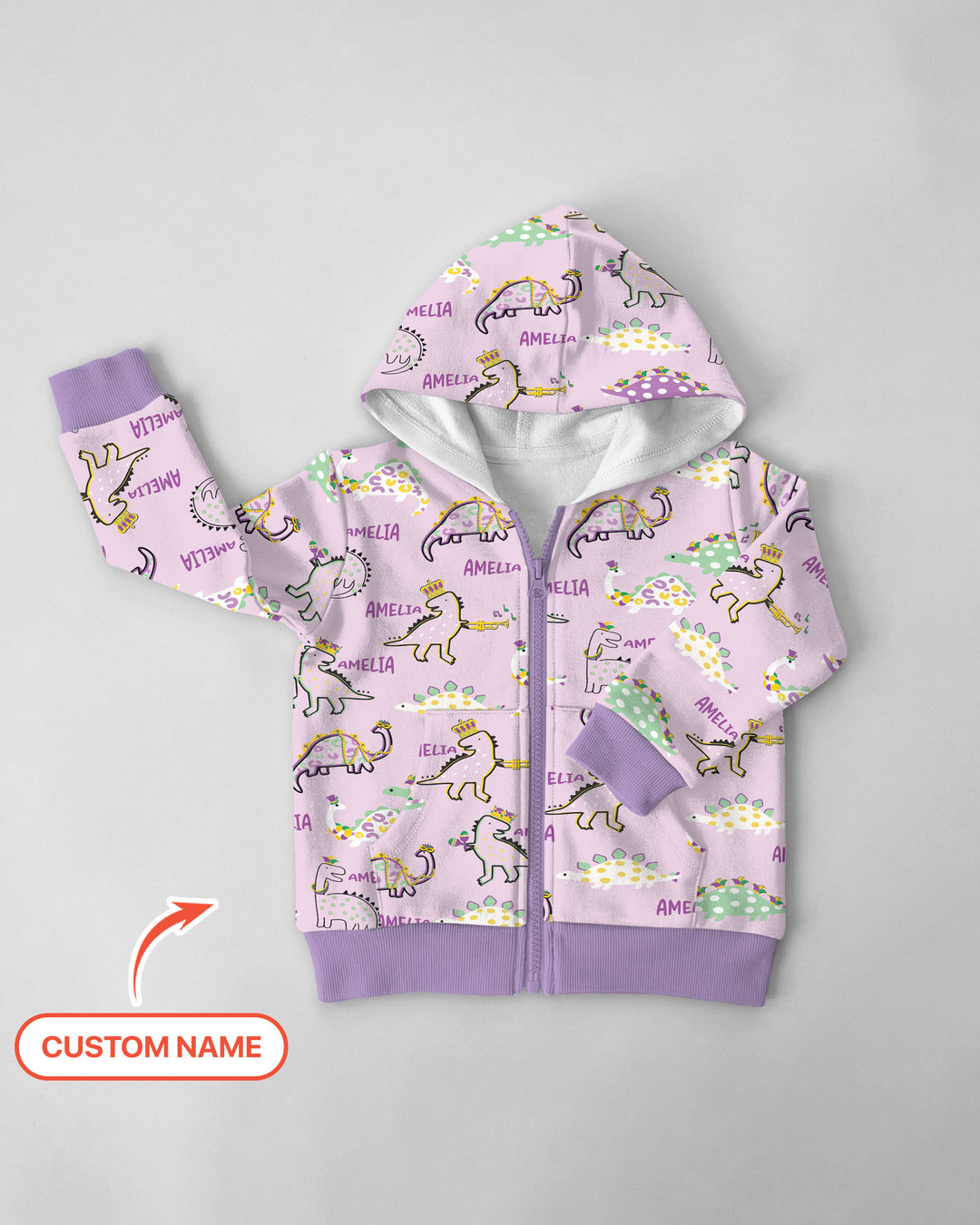 Custom Name Mardi Gras Saurus Zip Hoodie