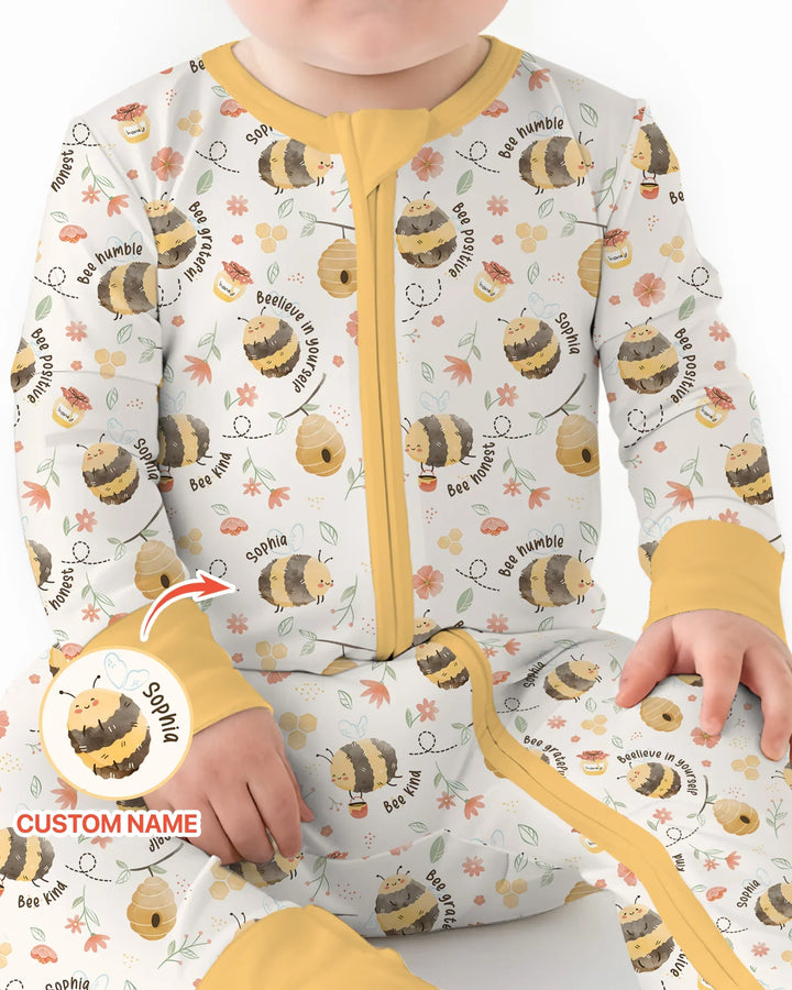 Mameluco convertible de bambú con cremallera y nombre personalizado Bee Kind