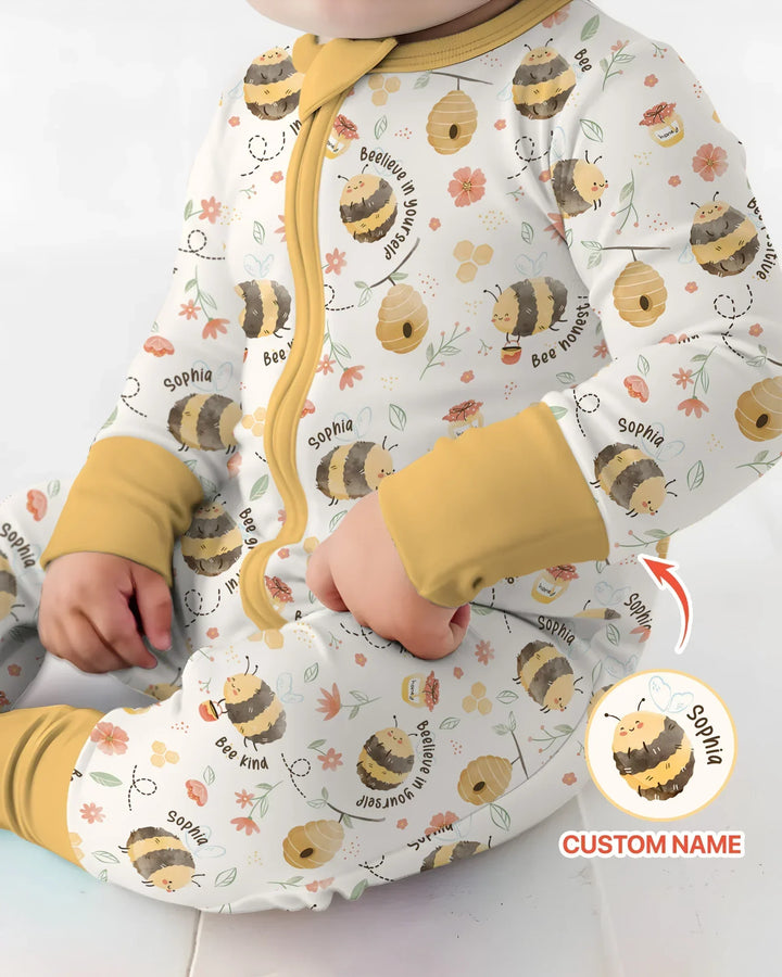 Mameluco convertible de bambú con cremallera y nombre personalizado Bee Kind