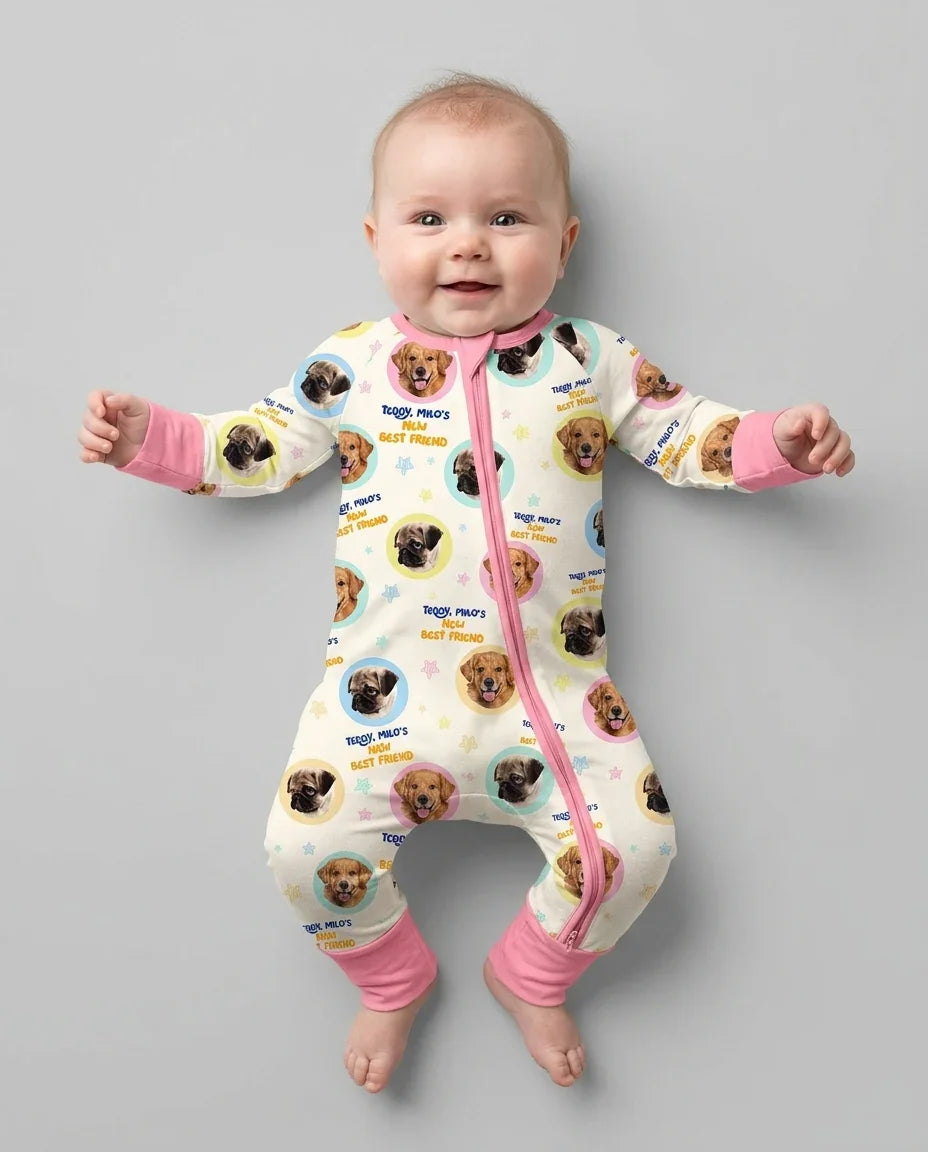 Pijama convertible de bambú con cremallera y fotos personalizadas de tu mascota "Mi nuevo mejor amigo"